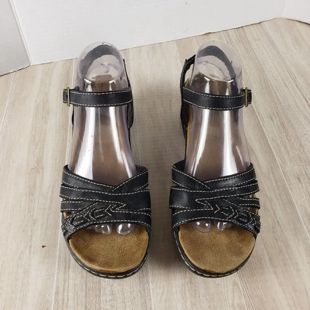 Clarks Bendables Black Leather Sandals Women's 9M Adjustable Medallion